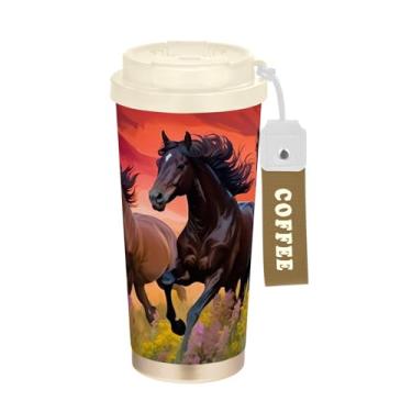 Imagem de Wassud Caneca de café de viagem isolada Horse Riders in The Sunset copo à prova de vazamento com tampa e canudo garrafa de água de aço inoxidável para café quente/gelo, chá e cerveja