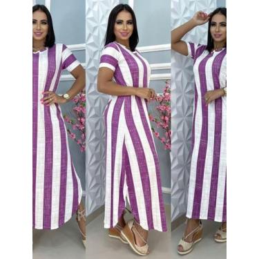 Imagem de Vestido Feminino Longo Listrado Fenda Lateral Único Veste 38 ao 48 Ver