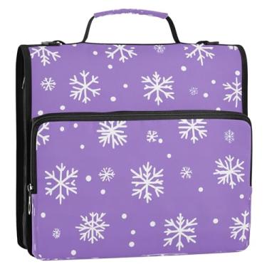 Imagem de CEBUGI Fichário de 3 anéis com zíper com alça de ombro, pasta de arquivo expansível de 3,8 cm, anéis D, para escola, escritório, flocos de neve brancos