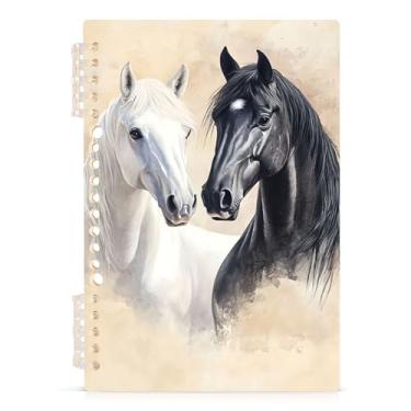 Imagem de Burbuja Caderno com cavalo preto e branco, papel pautado universitário A5 com 60 folhas, fichário para escritório, 1 pacote
