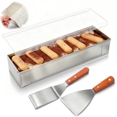 Imagem de Blushtier 1 forma de bolo retangular antiaderente com tampa de acrílico e 2 espátulas de metal com moldura removível 304 formas de bolo de aço inoxidável para mousse de cheesecake de tiramisu (29 x 9