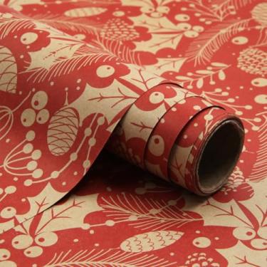 Imagem de Pinhas e frutas silvestres naturais tradicionais para férias, agulhas de pinheiro, folhas de azevinho em rolo de papel de embrulho vermelho - 1 mini rolo de 44 x 3 m por rolo 14 m² - Papel de embrulho