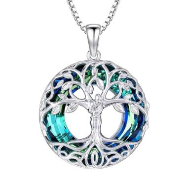 Imagem de Colar de árvore da vida para mulheres, prata esterlina 925 pingente árvore da vida joia com círculo de cristal presentes para aniversário dia dos namorados natal ano novo, Prata esterlina, Sem Pedra Preciosa