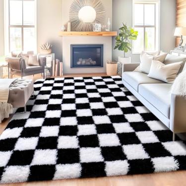 Imagem de Quntue Tapete quadriculado para sala de estar 15 x 23 cm, ultramacio felpudo, preto e branco, tapete de área grande para quarto, moderno, macio, atualizado, tapete antiderrapante para quarto de