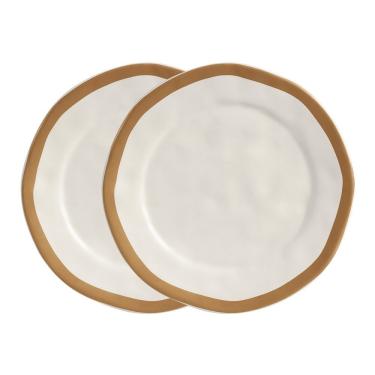 Imagem de Jogo 2 Prato Raso De Cerâmica Amassada Bege Com Filet Dourado Gold Scalla 27cm