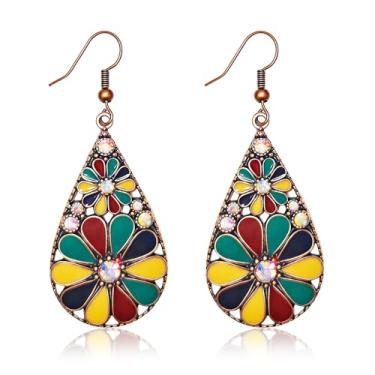 Imagem de Brinco com pingente de gota de cristal boêmio, vintage verde oliva vazado flor floral, brincos de gancho de flor esmaltada, estilo nacional, joia étnica feita à mão para mulheres, 1, Metal, Sem pedra