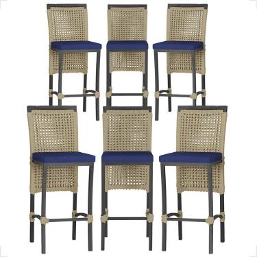 Imagem de 6 Banqueta Em Alumínio Roma Preta Corda Náutica Tecido 10 Rami