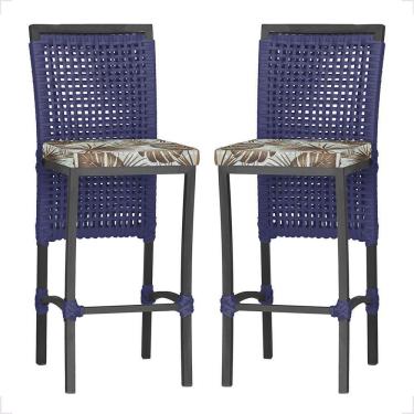 Imagem de 2 Banqueta Em Alumínio Roma Preta Corda Náutica Tecido 6 Azul