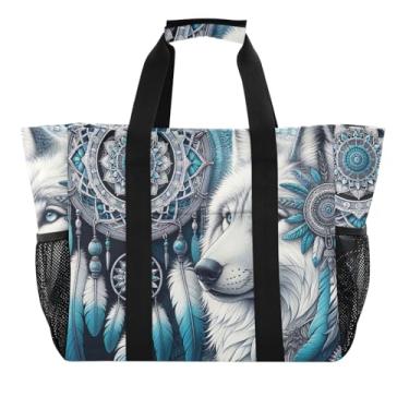 Imagem de ODAWA Bolsa de praia resistente à água Dream Catcher Wolf, bolsas de praia duráveis para verão e esportes, Lobo Apanhador de Sonhos, One Size