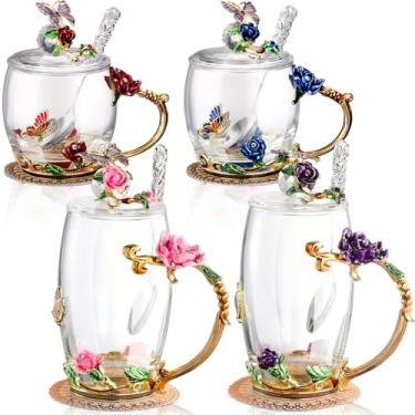 Imagem de Nuanchu 4 conjuntos de xícaras de chá de vidro de flores com tampas e colher borboleta canecas de café de vidro vintage floral chique transparente xícara de chá dia das mães mulheres mãe esposa