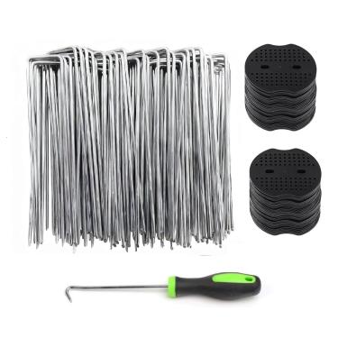 Imagem de Grampos de paisagem galvanizados de 20 cm 100 peças com junta de 100 peças, estacas de tecido de paisagismo, estacas de barreira de ervas daninhas, pontas de jardim, grampos de cobertura de solo