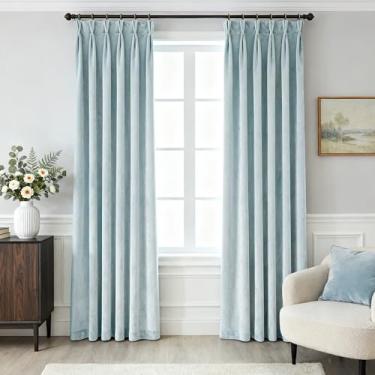 Imagem de Cortinas de veludo azul claro plissado 244 cm de comprimento conjunto de 2 painéis para sala de estar moderno elegante veludo luxuoso tecido escurecimento de quarto cortinas de janela plissadas