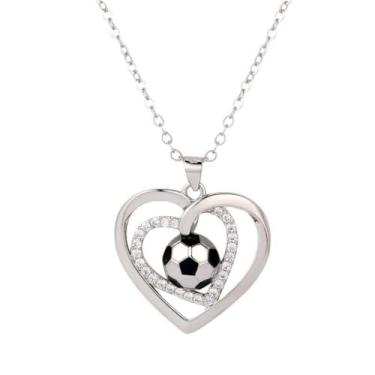 Imagem de Dtja Colar com pingente de coração de coração de cristal banhado a prata moderno coração fãs de esportes afirmação encantadores corrente de elos fofa, copa do mundo, joias divertidas para festas de