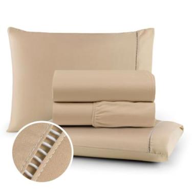 Imagem de Conjuntos de Roupas de Cama Kit Completo Varios Tamanhos Tecido Acetinado Micro 400 Fios(Bege,King)