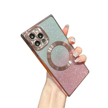 Imagem de SobLn Capa quadrada para iPhone 12 Pro com glitter, funciona com MagSafe, proteção total da lente da câmera, revestimento luxuoso, transparente, à prova de choque, capa fina para mulheres e meninas (rosa)