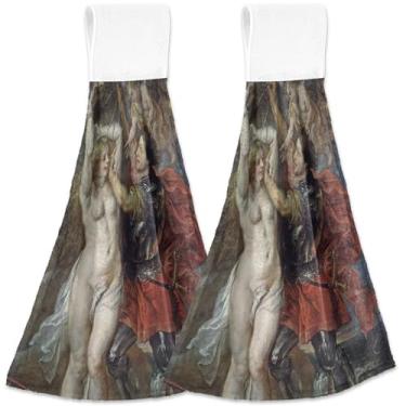 Imagem de TSENQUE Rubens Painting Perseus Andromeda Toalha de cozinha de mão com laço para pendurar conjunto de toalhas de forno personalizadas de 2 toalhas decorativas de cozinha fofas ultra absorventes, 46 x
