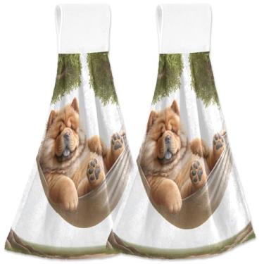 Imagem de TSENQUE Toalhas de mão personalizadas para cachorro Chow Chow com laços para pendurar no forno toalhas de amarrar conjunto de 2 toalhas de mão de cozinha macias absorventes decorativas, 45 x 35 cm
