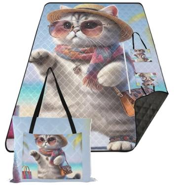 Imagem de TSENQUE Cobertor de piquenique engraçado gato moda gatinho rosa dobrável à prova de areia cobertor de praia impermeável grande floral tapete de acampamento ao ar livre 299.7 cm x 203.2 cm