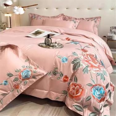 Imagem de Conjunto de cama de algodão com bordado de peônias, capa de edredom, lençol e fronhas para casamento, têxteis para o lar, ameixa, lençol de baixo com elástico, 1,5 MBed