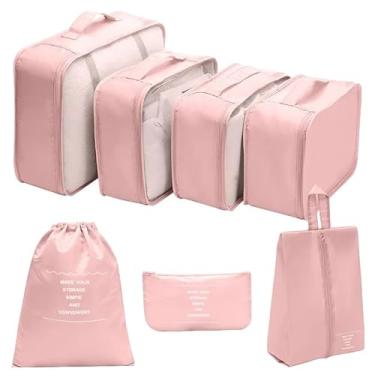 Imagem de Kit Organizador de Mala 7 peças Viagem com Tela Transparente Zíper Resistente Sacos Necessaire Dobrável Compacto Leve (Rosa)