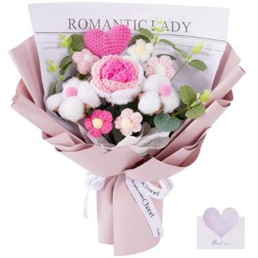 Imagem de Cudroza Buquê de flores de crochê feito à mão, fio de malha, buquê de rosas de coração rosa para mulheres, namorada, esposa, amante, presentes românticos para dia dos namorados, casamento, aniversário