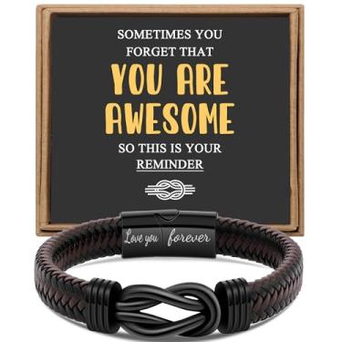 Imagem de Presente para homens, pulseira infinita para homens, pai, marido, namorado, filho, neto, irmão, sobrinho, tio, marrom, couro trançado Forever Linked Together, aço inoxidável, gravada com joia Love You