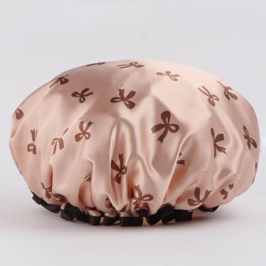 Imagem de Touca de banho feminina reutilizável à prova d'água elástico laço rosa touca de banho para cabelo longo grosso touca de banho macia para chuveiro