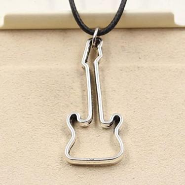 Imagem de EDCRFV Pingente de prata tibetano colar de guitarra oco berloque cordão de couro preto feito à mão
