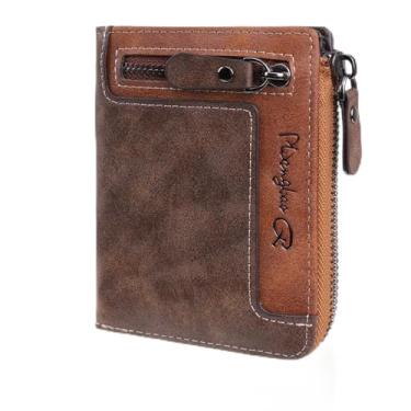 Imagem de Carteira masculina retrô curta – Carteira masculina de couro sintético com zíper, carteiras modernas para dinheiro e cartões, carteiras masculinas marrons para presente, Marrom escuro, Retrô