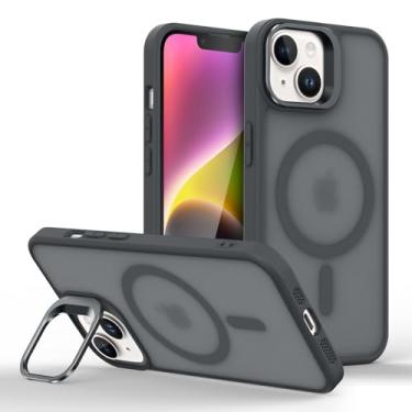 Imagem de Capinha Capa Case tecnológica Premium iPhone 14 Plus de 6,7 Polegadas - Anti impacto e proteção para câmeras com suporte retrátil e acabamento Micro-Mate Fosco que repele marca de dedos