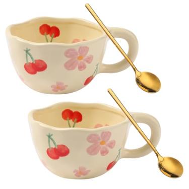 Imagem de Wideotng Pacote com 2 canecas de café de cerâmica, canecas de chocolate quente fofas feitas à mão de 227 g para mamãe menina, xícara de leite de chá estética com alça para expresso, lates, cacau