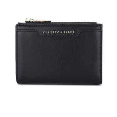 Imagem de Carteira feminina de couro com bloqueio de RFID e compartimento compacto para cartões com zíper e janela para identidade, Preto, Carteira feminina simples e moderna