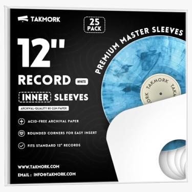 Imagem de TAKMORK Capas de papel internas de disco de vinil de 30 cm - papel pesado de 80 g para LP e álbuns de 33 RPM, inserções protetoras com orifício central e cantos arredondados, branco, 25 peças