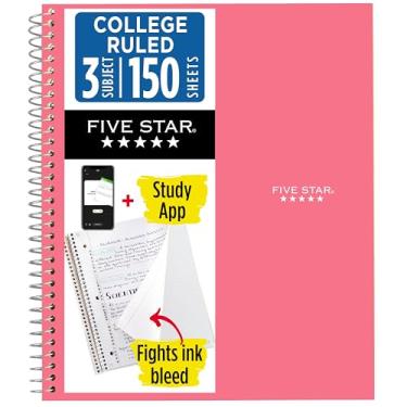 Imagem de Five Star Caderno espiral + aplicativo de estudo, 3 matérias, papel pautado universitário, 21 cm x 28 cm, 150 folhas, combate sangramento de tinta, capa resistente à água, rosa (820003R)