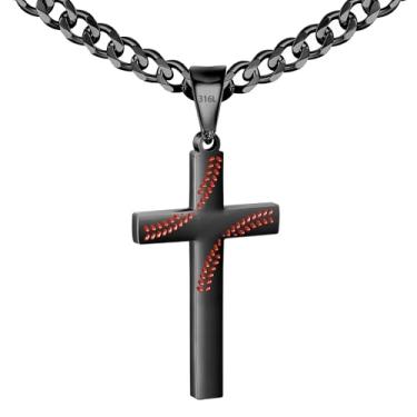 Imagem de Avotto Colar de aço inoxidável 316L com cruz de beisebol/futebol/futebol para homens, meninos, prata, ouro, preto, masculino, 5 mm, corrente cubana resistente que não desbota com pingente de cruz 45
