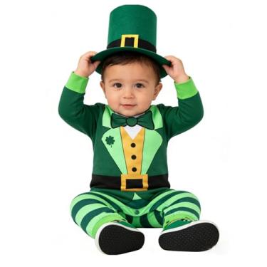 Imagem de MOMMY'S NEW MAN Baby Boys Girls First St. Patricks's Day Leprechaun Jumpsuit Lucky Four-Leaf Clover Romper with Hat (12-18 Months,Green)
