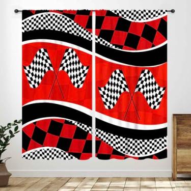 Imagem de Cortinas com bandeira de carro de corrida para quarto de crianças, preto, branco, cruzado, bandeira xadrez, meninos, meninas, veículos de construção, tratamentos de janela para quarto e sala de estar