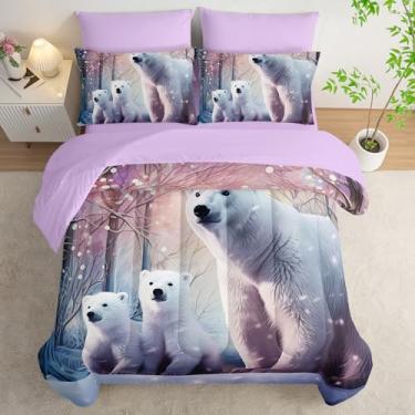 Imagem de AILONEN Jogo de edredom infantil kawaii com urso polar de inverno, estampa de animal ártico, lençol de cima, lençol de cima, 2 fronhas e 2 fronhas e 2 fronhas