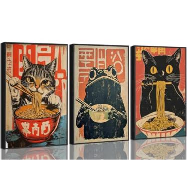 Imagem de 3 peças de arte de parede em tela japonesa preto gato comendo ramen engraçado Japão gatos e sapo impressões vintage bonito Tóquio cozinha imagem decoração de parede para cozinha sala de jantar