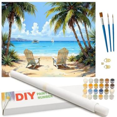 Imagem de Kit de pintura de praia tropical por números para adultos – Cadeiras à beira-mar DIY com palmeiras e pintura de barcos enrolada em tela 40,6 x 50,8 cm, conjunto de tinta acrílica para iniciantes, arte