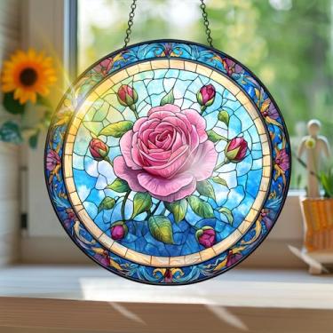 Imagem de Acrílico colorido, apanhador de sol estilo vitral estampado com flores de rosas com reflexos de arco-íris, arte de parede para decoração de janela suspensa, ornamentos de primavera para uso interno e