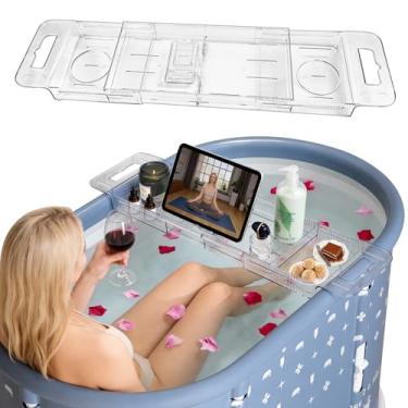 Imagem de HLCZLUZ Bandeja de banheira dobrável, bandeja de banheiro de acrílico expansível até 80 cm para banheira, suporte de armazenamento de chuveiro, bandejas de mesa de banho para banheira (bandeja de