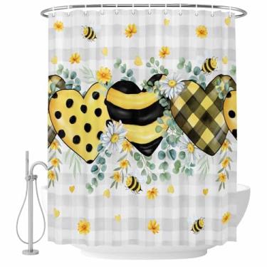 Imagem de Bee Love Cortina de Chuveiro Coração Margarida Flor Eucalipto Folhas Xadrez Conjunto de Cortinas de Chuveiro Tecido Impermeável Cortina de Banho para Banheiro Decoração de Banheira Acessórios de Casa