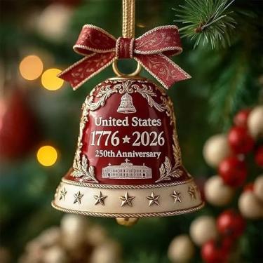 Imagem de Enfeite comemorativo de Natal com sino comemorativo de 250º aniversário | Decoração patriótica semiquincentenária | Presente de lembrança de marco histórico americano para veteranos, colecionadores e