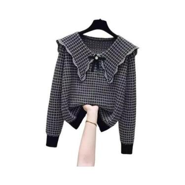 Imagem de Suéter Feminino De Tricô Acrílico Vintage Xadrez Com Gola Peter Pan E 