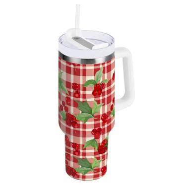 Imagem de SEHANY Copo de cereja fofo de 850 g com alça, copo isolado a vácuo de aço inoxidável de parede dupla, caneca de café à prova de vazamento, copo de viagem isolado cabe no suporte de copo de carro