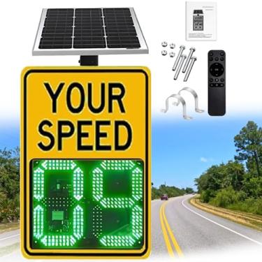 Imagem de Sinal de velocidade de radar alimentado por energia solar - Indicador de limite de velocidade intermitente, placa de exibição de alumínio refletivo de alto brilho (61 cm x 89 cm) para segurança