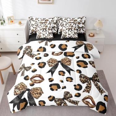 Imagem de Conjunto de edredom solteiro com laço de leopardo, 7 peças com edredom, lençol de cima, 2 fronhas, 2 fronhas, 2 fronhas, conjunto de cama moderno com gravata borboleta