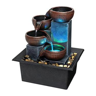 Imagem de Pequena fonte de mesa para relaxamento interno, recurso de cachoeira de meditação zen com luz LED colorida e pedras naturais, cachoeira de mesa de 4 níveis para decoração de sala de estar e escritório