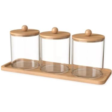 Imagem de Conjunto de 3 Potes Organizadores em Acrílico com Tampa de Bambu e Bandeja para Banheiro, Lavabo, Porta Algodão e Cotonetes Premium
